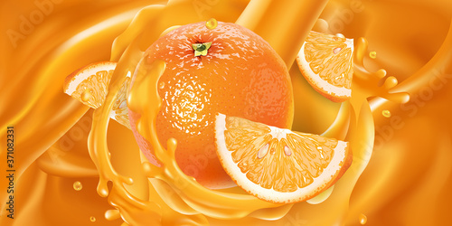 Whole orange and slices in fruit juice.