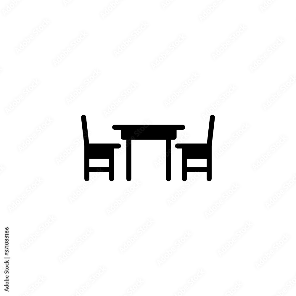 Table and chair icon in black flat glyph, filled style isolated on white background
