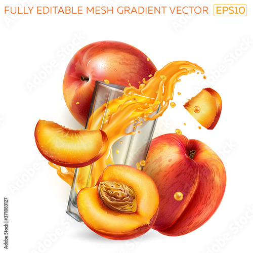 Splash of fruit juice in a glass among fresh peaches.