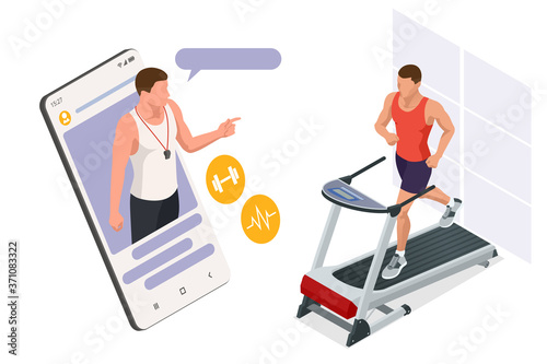 Running simulator. Isometric training online, man in sportswear running on a treadmill. Fitness and Health icons. Running machine or track