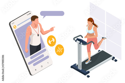 Running simulator. Isometric training online, woman in sportswear running on a treadmill. Fitness and Health icons. Running machine or track