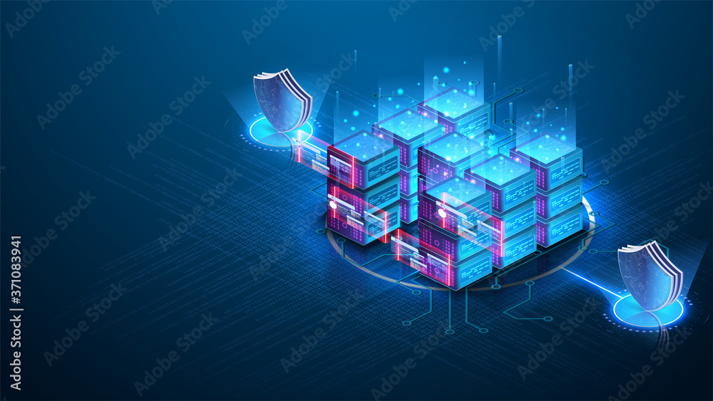 Server room isometric, Cloud storage data, Data center, Big data processing and computing technology. Data protection, a shield against the background of the server room. Server farm communication.