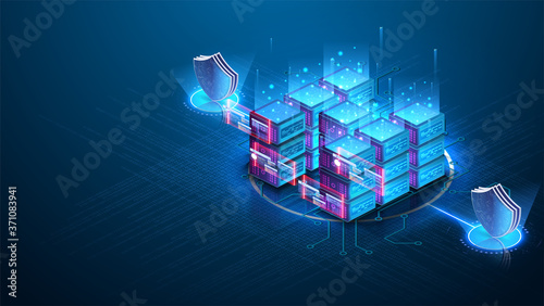 Server room isometric, Cloud storage data, Data center, Big data processing and computing technology. Data protection, a shield against the background of the server room. Server farm communication.