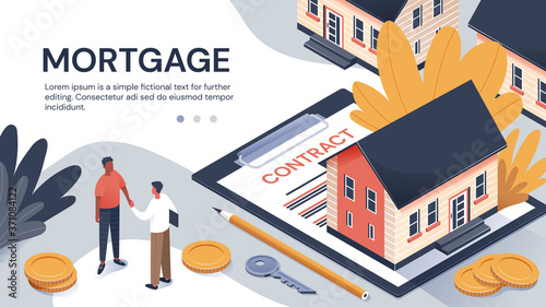 Property purchase and mortgage contract concept showing a house on a legal document with buyer and agent, colored vector illustration
