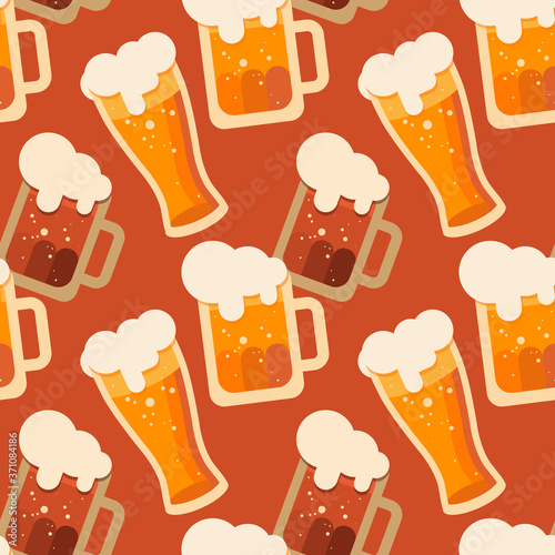 Glass and mug full of beer on orange backdrop. Brewery seamless pattern for wallpaper, wrap paper, sleeper, bath tile, apparel or bed linen. Bag or hoody print. Flat style stock vector illustration