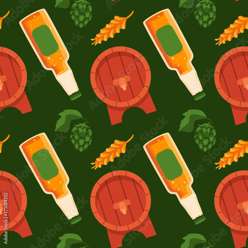 Retro barrel and beer bottle on green backdrop. Brewery seamless pattern for wallpaper, wrap paper, sleeper, bath tile, apparel or bed linen. Bag or hoody print. Flat style stock vector illustration