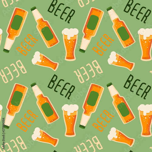 Beer text, glasses and bottles on green backdrop. Brewery seamless pattern for wallpaper, wrap paper, sleeper, bath tile, apparel or bed linen. Bag or hoody print. Flat style stock vector illustration