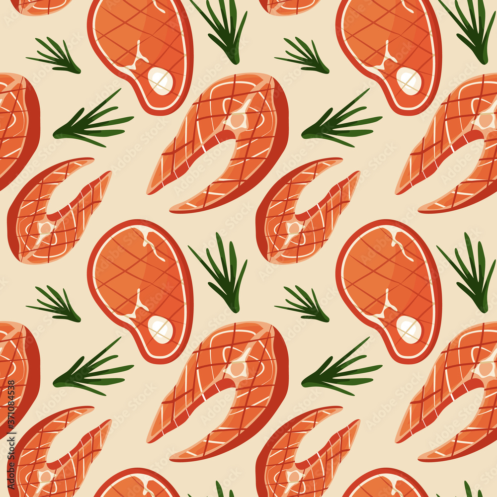Salmon and pork steaks on beige backdrop. Grill time seamless pattern for wallpaper, wrap paper, sleeper, bath tile, apparel or bed linen. Bag or hoody print. Flat style stock vector illustration Salmon and pork steaks on beige backdrop. Grill time seamless pattern for wallpaper, wrap paper, sleeper, bath tile, apparel or bed linen. Bag or hoody print. Flat style stock vector illustration