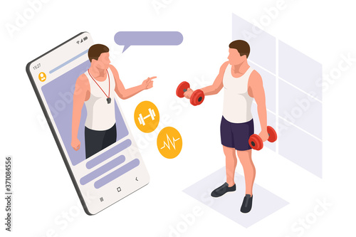 Dumbbell Exercises and Workouts training online. Isometric Fitness and Health concept.