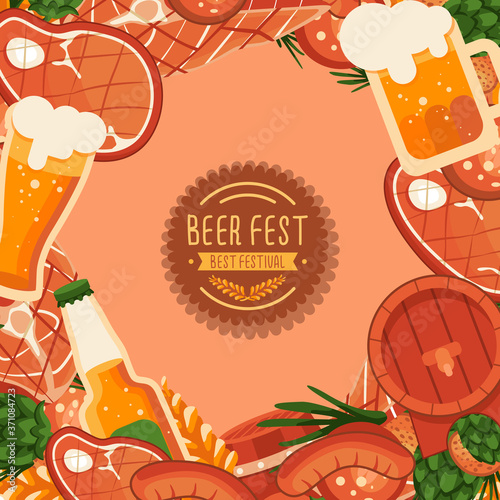 BBQ meat and beer with copy space on beige backdrop. Oktoberfest poster for invitation or gift card  notebook  bath tile  scrapbook. Phone case or cloth print art. Flat style stock vector illustration