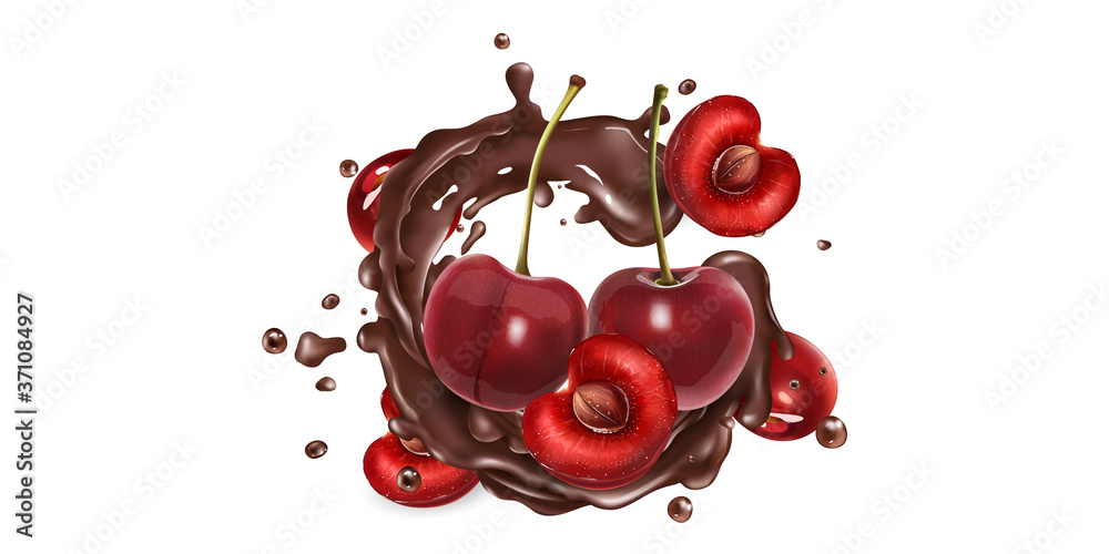 Naklejka Fresh cherries and a splash of liquid chocolate.