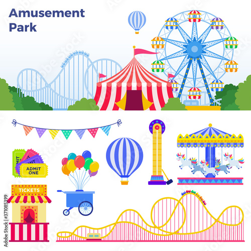 Photo Colorful attractions in the amusement park vector illustration in flat design
