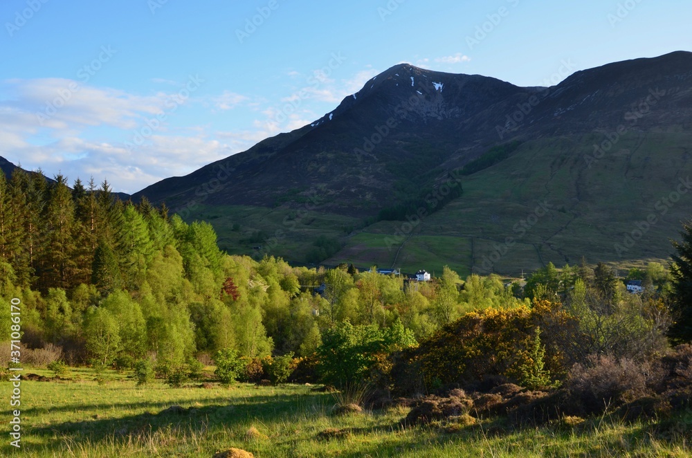 View of Ballachulish Valley with forest, mountains and houses