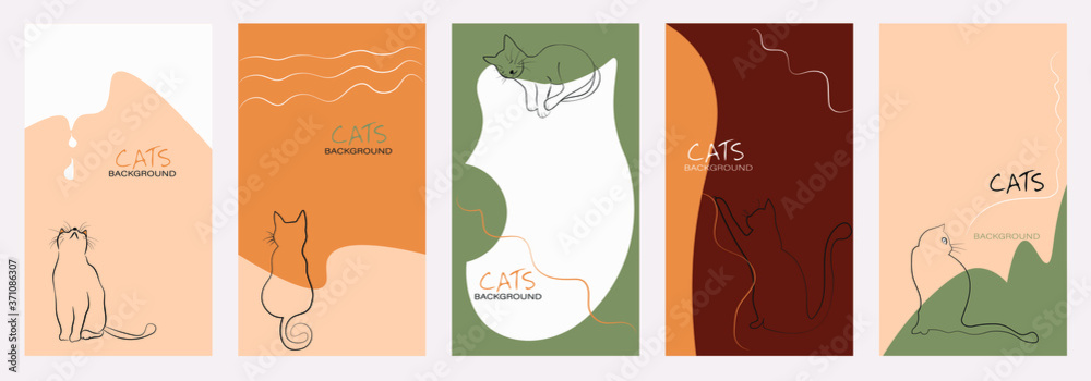 Vector set for social media stories design templates, backgrounds with copy space for text - cat illustration for banner, greeting card, poster and advertising - funny pets concept.