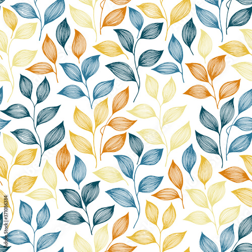 Tea leaves seamless pattern design. Herbal sketchy background