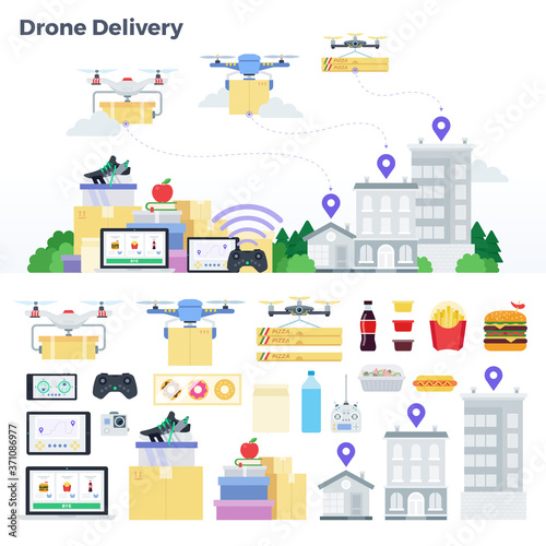 Set of different drones with control panels for delivery of goods vector illustration in flat design