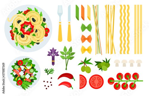 Italian spaghetti, salad and ingredients vector illustration in a flat design.
