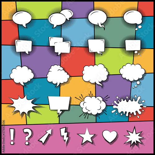 Set of speech cartoon bubbles in pop art style on abstract background vector icon in a flat design