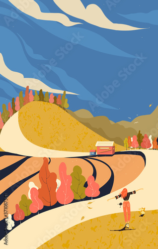 Girl and pet dog outing outdoors. Autumn and autumn creative illustrations