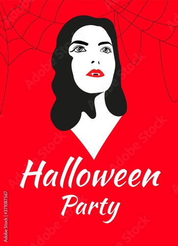 Vampire in noir graphic style and spider webs on the sides on a red background with the inscription halloween party. Suitable for invitations, posters, banners and posters