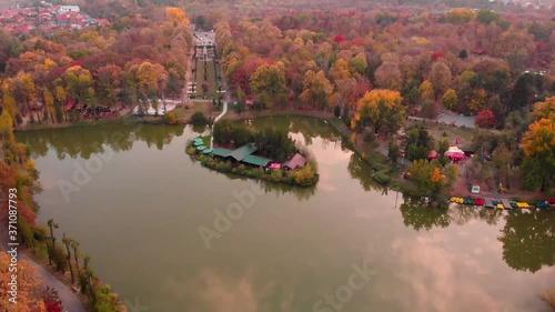 Aerial view of a peaceful lake in late evening photo