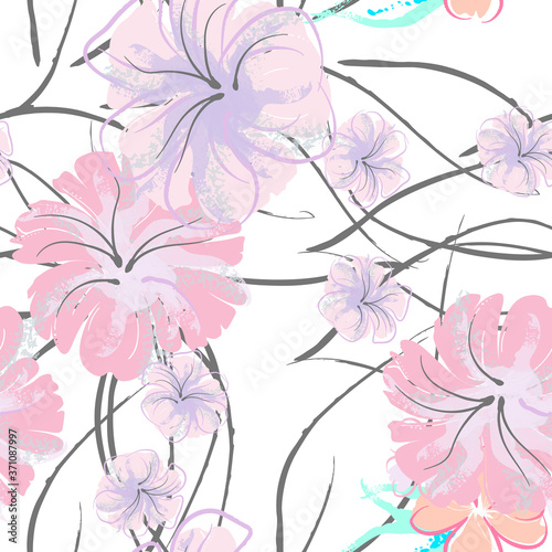 Pink Flowers Blooming Pattern. Pastel Watercolor.