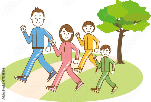公園でウォーキングをしている4人家族のイメージイラスト