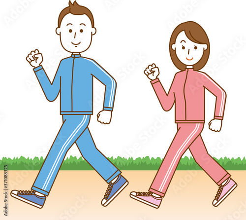 遊歩道でウォーキングをしている男女のイメージイラスト