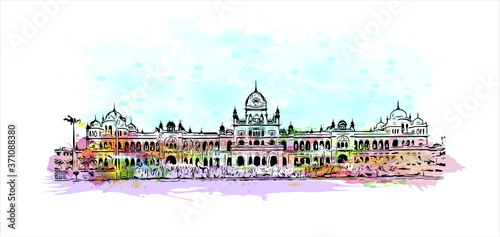 Building view with landmark of Amritsar is a city in the northwestern Indian state of Punjab. Watercolor splash with hand drawn sketch illustration in vector.
