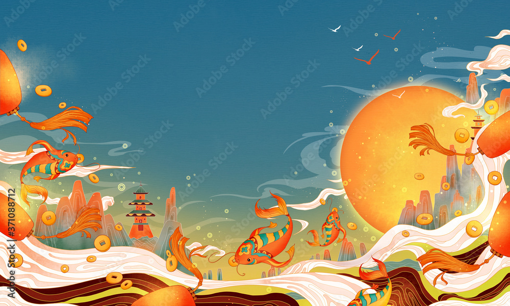 Fototapeta premium Oriental goldfish and coins are paintings that symbolize wealth and wealth.