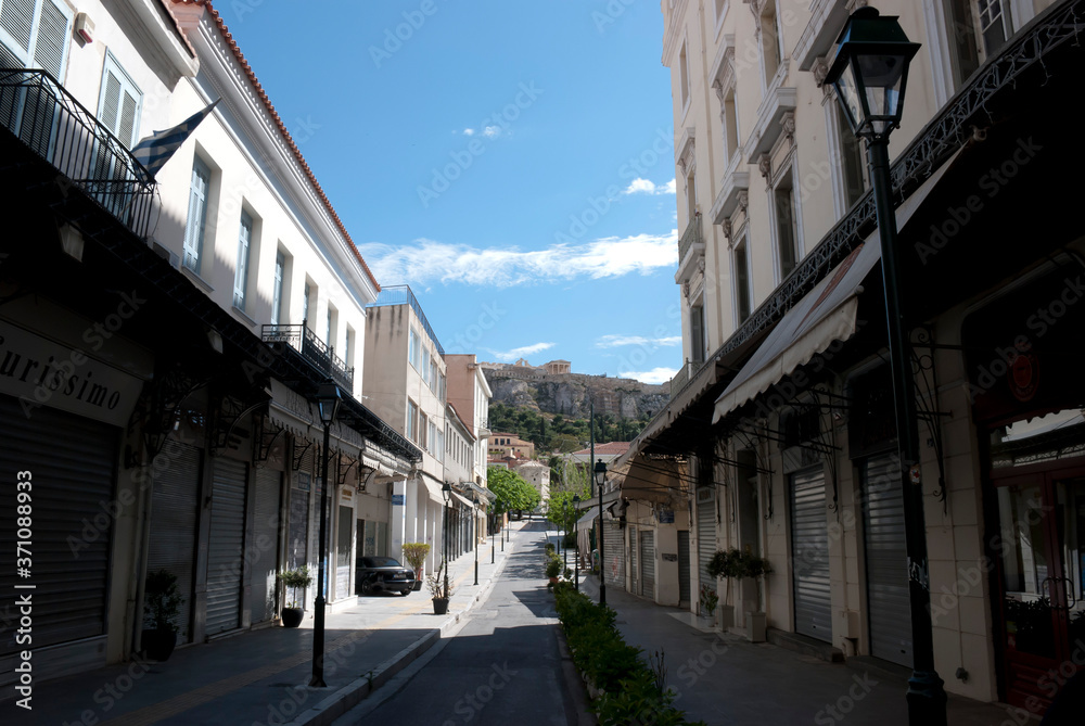 Plaka area, Athens, Greece, May 2020: The city of Athens deserted during the coronavirus quarantine 
