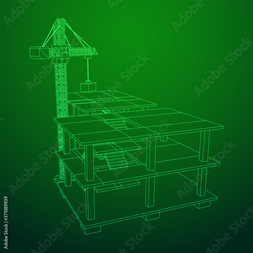 Building under construction with crane. Build house construct in process. Wireframe low poly mesh vector illustration