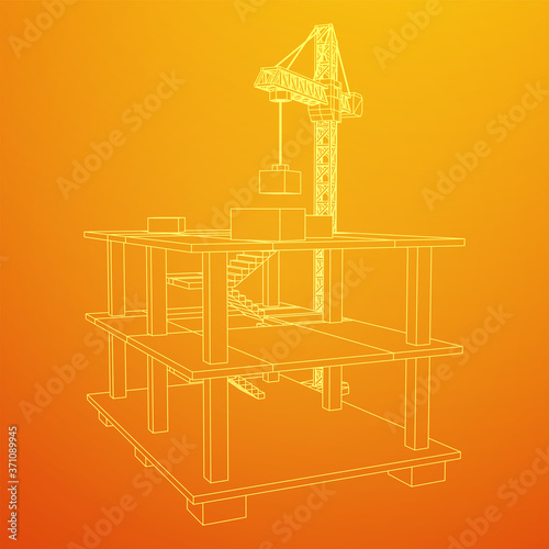 Building under construction with crane. Build house construct in process. Wireframe low poly mesh vector illustration
