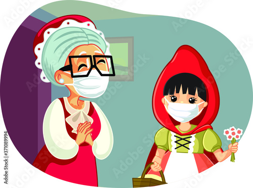 Little Red Riding Hood Wearing a Mask Visiting Grandma Vector Illustration