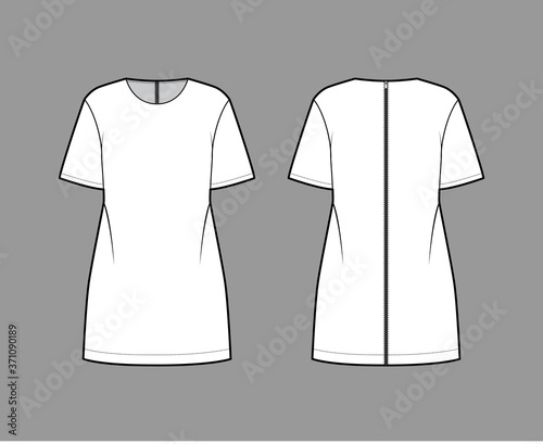 Back zip-up oversized dress technical fashion illustration with round neck, elbow sleeves, above-the-knee length. Flat apparel tunic template front, back, white color. Women, men, unisex CAD mockup