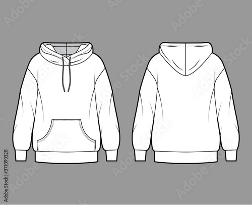 Oversized cotton-fleece hoodie technical fashion illustration with pocket, relaxed fit, long sleeves. Flat outwear jumper apparel template front back white color. Women, men, unisex sweatshirt top CAD