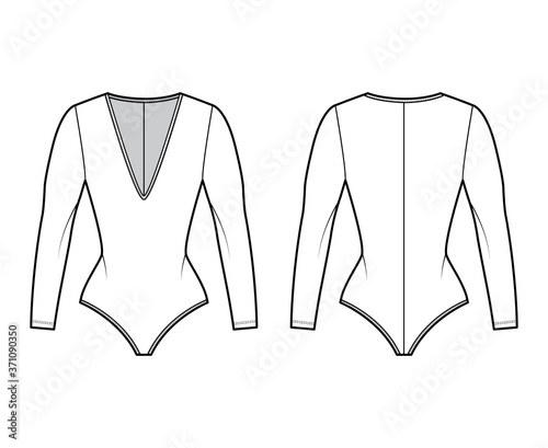 Stretch-jersey bodysuit technical fashion illustration with plunging V-neckline, sculpting fit, long sleeves. Flat one-piece apparel template front back white color. Women men unisex swimsuit CAD. 