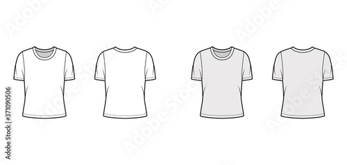 Crew neck jersey t-shirt technical fashion illustration with short sleeves, oversized body. Flat sweater apparel template front, back white grey color. Women, men unisex outfit top CAD mockup