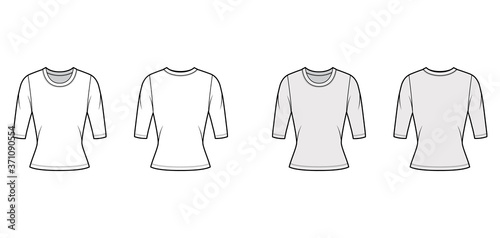 Crew neck jersey sweater technical fashion illustration with elbow sleeves, close-fitting shape. Flat outwear apparel template front back white grey color. Women, men unisex shirt top CAD mockup