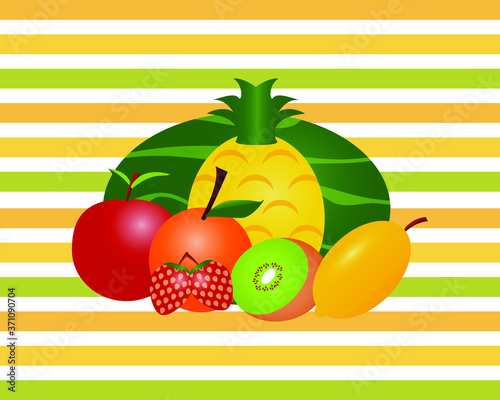 Ilustración Frutas frescas bodegón manzana, limón, kiwi, piña, sandia, fresas   