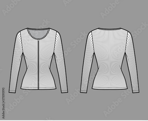 Zip-up ribbed cotton-jersey top technical fashion illustration with long sleeves, slim fit, scoop henley neckline. Flat outwear shirt apparel template front back white color. Women men unisex knit CAD