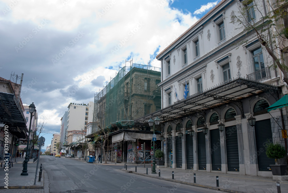 Ermou street, Athens, Greece, May 2020: The city of Athens deserted during the coronavirus quarantine 