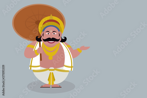 Illustration of Mahabali holding umbrella. Icon of Onam festival of Kerala