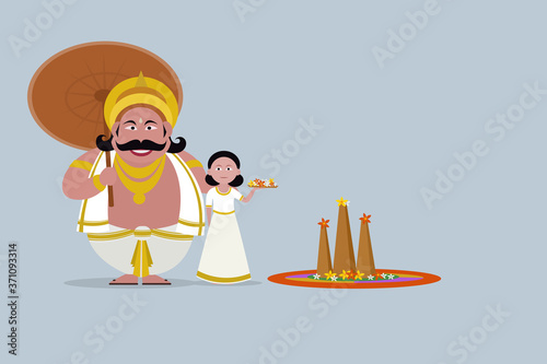 Illustration of King Mahabali with a little girl. Concept for Onam festival of Kerala, India.