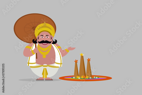 Illustration of King Mahabali holding umbrella in front of Onam floral designs