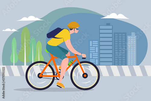 Illustration of a young man rides a bicycle in city