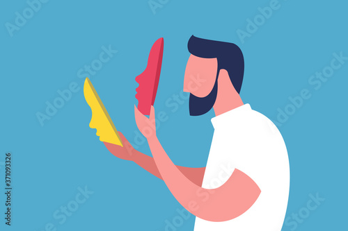 Illustration of a man holding face masks to cover the identity