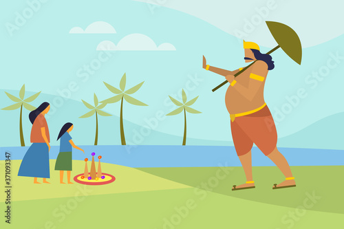 King Mahabali gives blessing to small kids, Concept for Onam festival of Kerala, India.