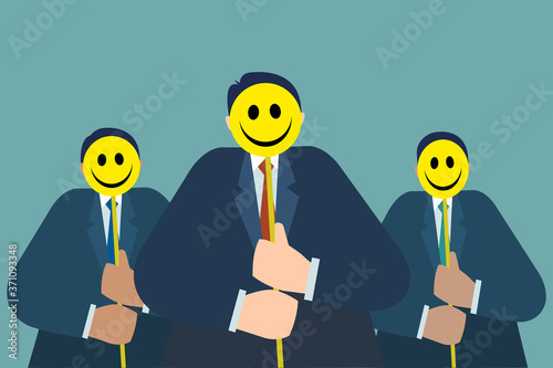 Group of businessmen hold yellow smiling masks to cover their faces