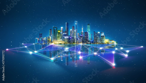 Abstract futuristic night city with dots and line connection
